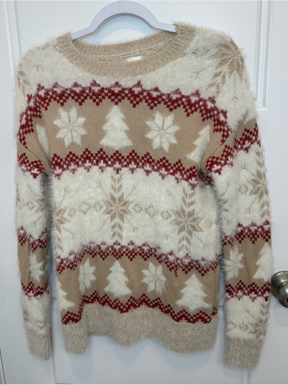 Holiday Time Womens Pullover Sweater Beige Novelty Long Sleeve Size Xs